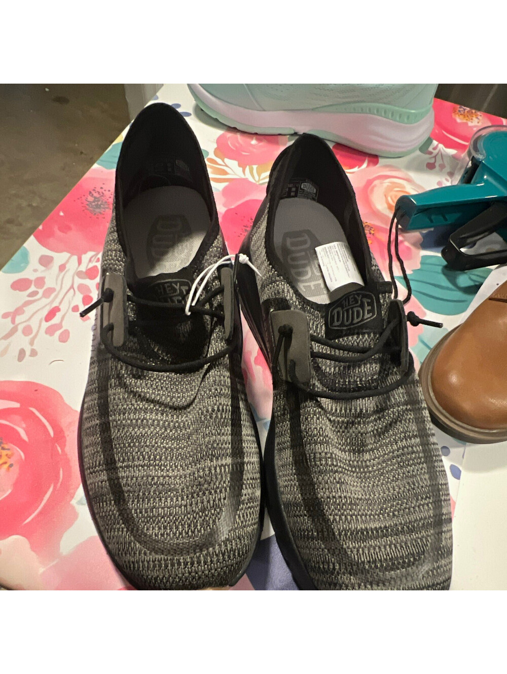 HEYDUDE Men's Size 15 Gray/Black Knit Cotton Blend Lace-Up Sneakers Round Toe